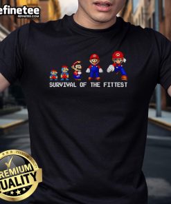 Official Survival Of The Fittest Mario T-Shirt featuring vibrant graphics of Mario in a dynamic pose, perfect for gamers.