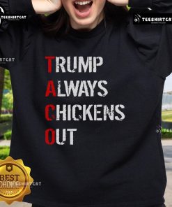 Official Taco Trump Always Chickens Out Sweatshirt featuring a humorous graphic design and vibrant colors.