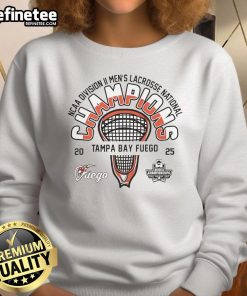 Official Tampa Bay Fuego Men's Lacrosse 2025 Division II National Champions Sweatshirt in vibrant team colors.