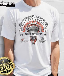 Official Tampa Bay Fuego Men's Lacrosse 2025 Division II National Champions T-Shirt featuring team logo and championship details.