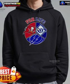 Alt Text: Official Tampa Bay Rays, Buccaneers, and Lightning For Life hoodie showcasing team logos and vibrant colors.