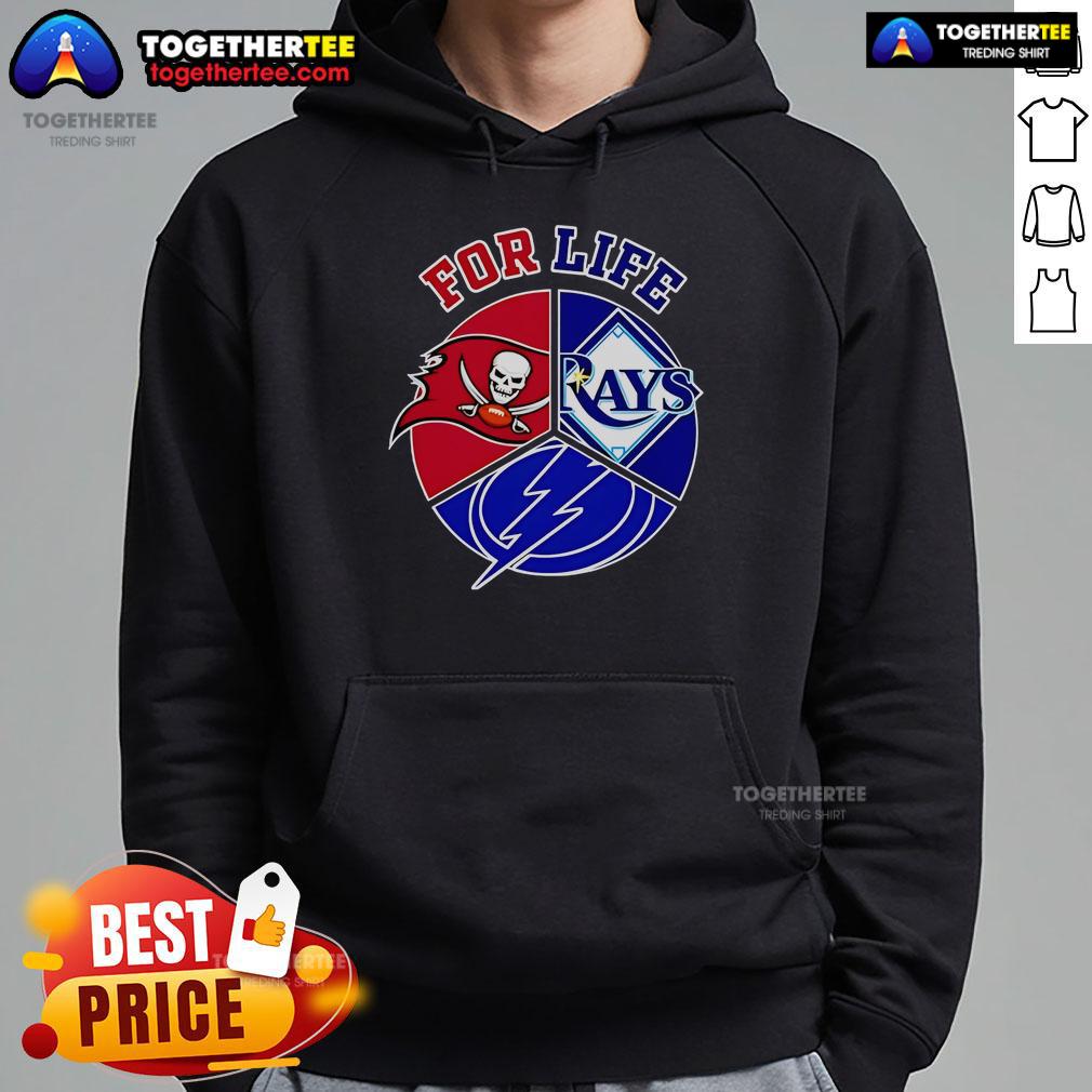 Official Tampa Bay Rays Buccaneers And Lightning For Life Hoodie Alt Text: Official Tampa Bay Rays, Buccaneers, and Lightning For Life hoodie showcasing team logos and vibrant colors.