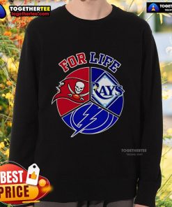 Alt Text: Official Tampa Bay Rays, Buccaneers, and Lightning For Life sweatshirt featuring team logos and vibrant colors.
