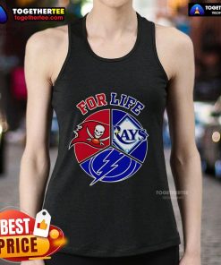 Alt Text: Official Tampa Bay Rays, Buccaneers, and Lightning for Life tank top featuring vibrant team logos and colors.