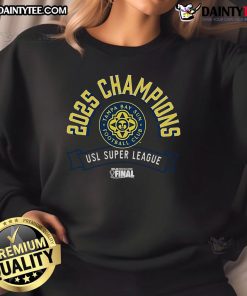 Alt Text: Official Tampa Bay Sun FC 2025 USL Super League Champions sweatshirt showcasing team logo and vibrant colors.