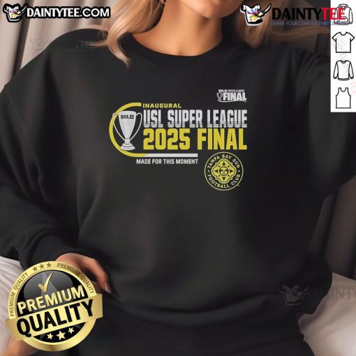 Official Tampa Bay Sun FC 2025 USL Super League Final sweatshirt, showcasing team colors and logo in stylish design.