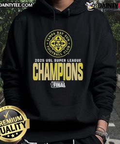 Alt Text: Official Tampa Bay Sun FC USL Super League 2025 Champions logo hoodie featuring team colors and emblem design.