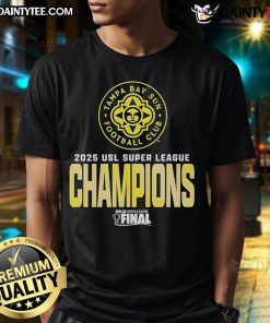 Official Tampa Bay Sun FC USL Super League 2025 Champions logo T-shirt featuring vibrant design and team colors.
