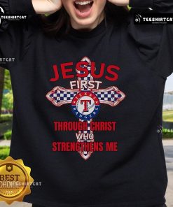 Official Texas Rangers Jesus Sweatshirt featuring 'Through Christ Who Strengthens Me' design for fans and believers.