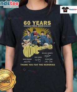 Official The Monkees 60 Years 1965-2025 Thank You For The Memories Ladies Tee in vibrant design celebrating the band.