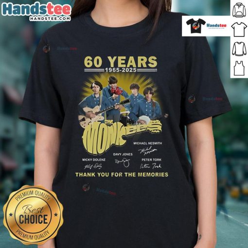 Official The Monkees 60 Years 1965-2025 Thank You For The Memories Ladies Tee in vibrant design celebrating the band.