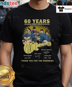 Alt Text: Official The Monkees 60 Years 1965-2025 Thank You For The Memories T-Shirt featuring vintage band design.