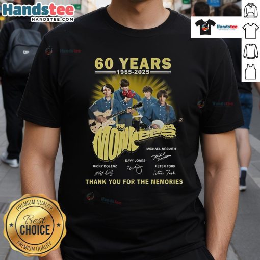 Alt Text: Official The Monkees 60 Years 1965-2025 Thank You For The Memories T-Shirt featuring vintage band design.