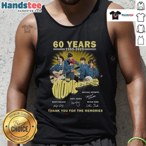 Official The Monkees 60 Years 1965-2025 Thank You For The Memories tank top featuring iconic band graphics.