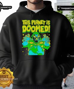 Official Doctor Doom hoodie featuring 'This Planet Is Doomed' graphic, perfect for Marvel fans and stylish comic apparel.