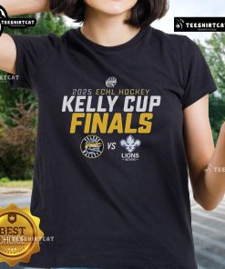 Alt Text: 2025 Kelly Cup Finals matchup: Official Toledo Walleye vs Trois Rivieres Lions ladies tee, showcasing team logos and vibrant design.