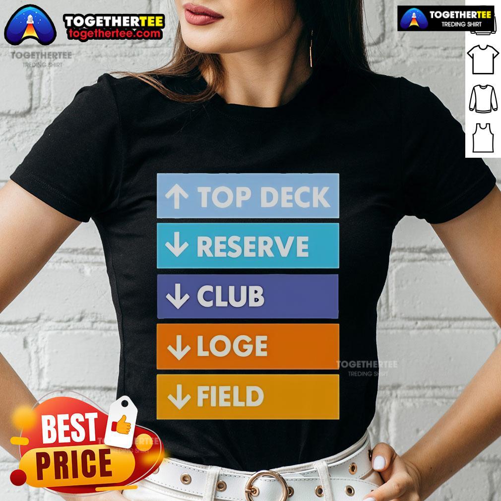 Official Top Deck Reserver Club Loge Field Ladies Tee Alt Text: Official Top Deck Reserver Club Logo on Ladies Tee, showcasing stylish design for golf enthusiasts.