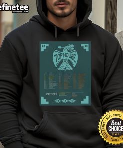 Alt Text: Official Top House Tour 2025 poster hoodie featuring vibrant graphics and tour details, perfect for fans and collectors.