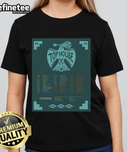 Alt Text: Official Top House Tour 2025 poster on a ladies tee, featuring vibrant graphics and event details for fans.
