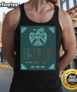 Official Top House Tour 2025 poster on a tank top, featuring vibrant graphics and event details for fans.
