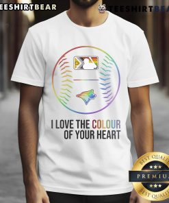 Alt Text: Toronto Blue Jays I Love The Colour Of Your Heart Pride Month 2025 T-Shirt featuring vibrant colors and logo.