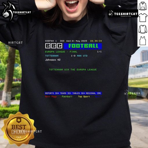 Alt Text: Official Tottenham Hotspur Football sweatshirt celebrating their Europa League 2025 victory, featuring club logo and colors.