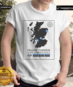 Alt Text: Official Tour 2025 Frank Turner & The Sleeping Souls T-Shirt featuring bold graphics and tour dates on a black background.