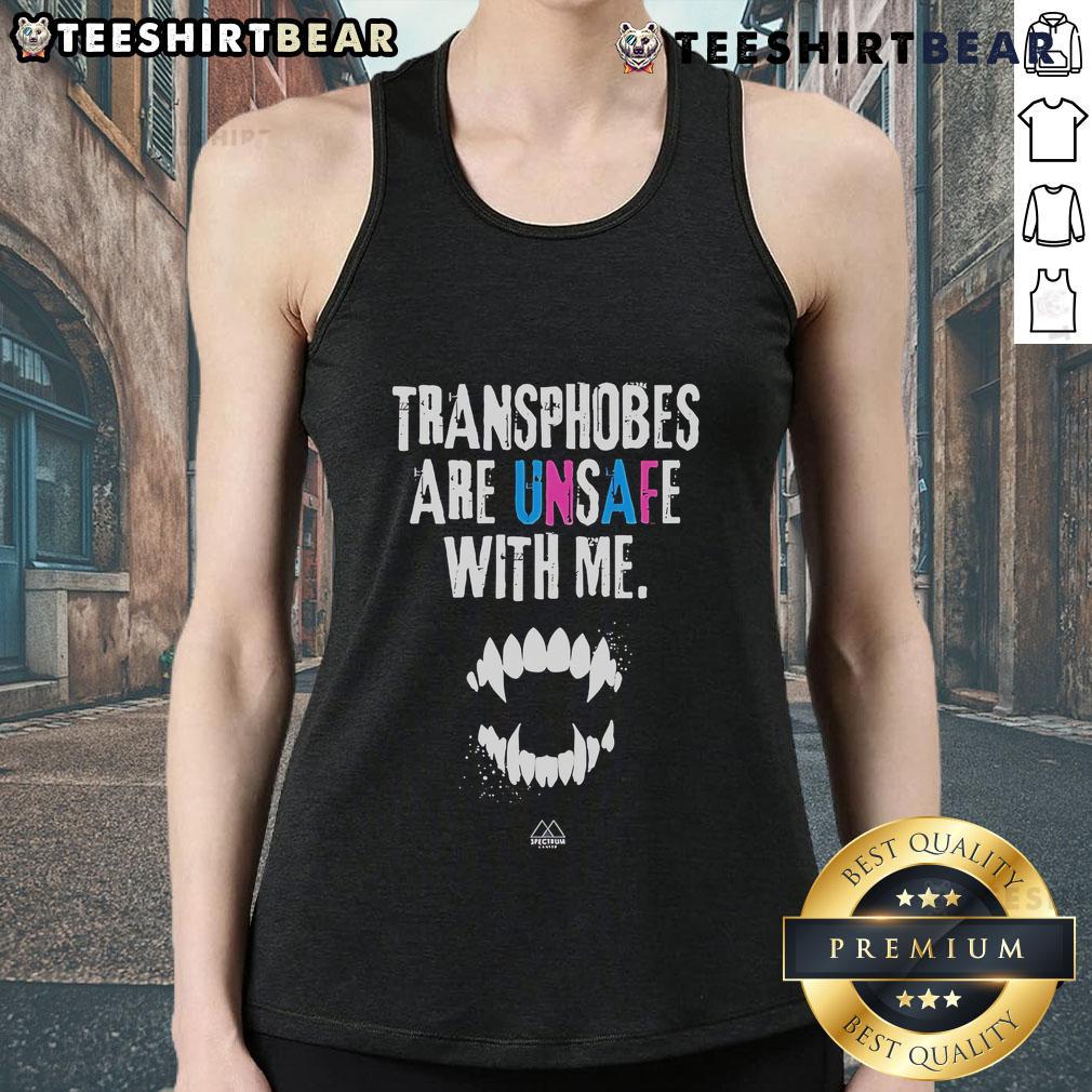 Official Transphobes Are Unsafe With Me Tank Top Person wearing 'Official Transphobes Are Unsafe With Me' tank top, promoting LGBTQ+ rights and anti-transphobia awareness.