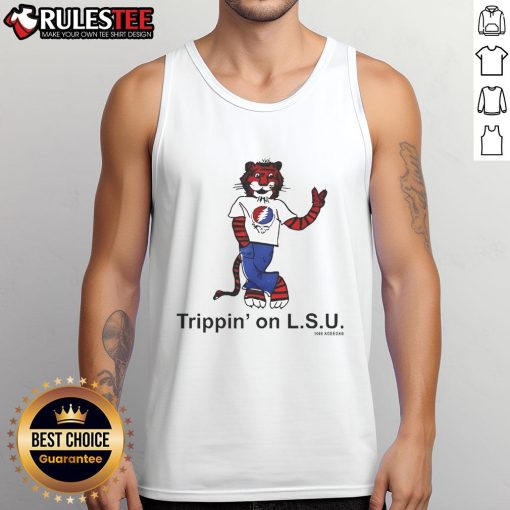 Official Trippin on L.S.U. tank top featuring vibrant colors and stylish design for LSU fans and fashion enthusiasts.