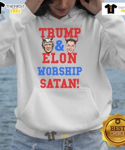 Official Trump and Elon Worship Satan Hoodie featuring bold graphics and a unique design for political satire fashion.