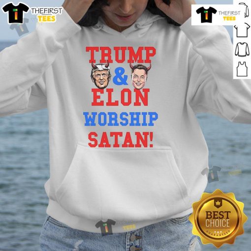 Official Trump and Elon Worship Satan Hoodie featuring bold graphics and a unique design for political satire fashion.