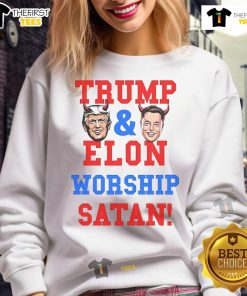 Official Trump and Elon Worship Satan Sweatshirt featuring bold graphics and a unique design for statement fashion.
