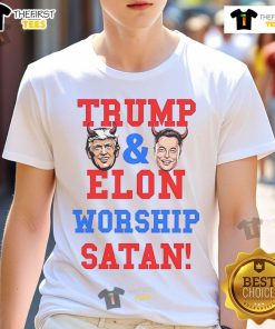Official Trump and Elon Worship Satan T-Shirt featuring bold graphics of Trump and Musk with a satirical design.