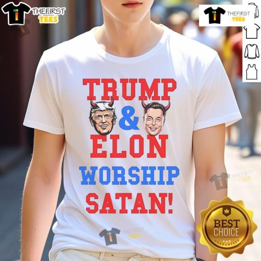 Official Trump and Elon Worship Satan T-Shirt featuring bold graphics of Trump and Musk with a satirical design.