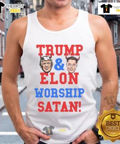 Official Trump and Elon Worship Satan tank top featuring bold graphics of Trump and Elon Musk with edgy design elements.