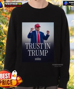 Official Trust In Trump Sweatshirt featuring bold logo design, perfect for supporters of Trump's campaign and style.