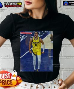 Alt Text: Official Tyrese Haliburton Indiana Pacers Game Frames Ladies Tee in vibrant colors, perfect for fans and stylish wear.