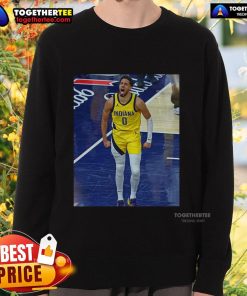 Official Tyrese Haliburton Indiana Pacers Game Frames Sweatshirt featuring team colors and logo, perfect for fans.