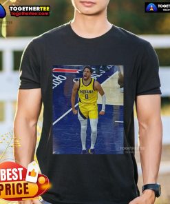 Alt Text: Official Tyrese Haliburton Indiana Pacers Game Frames T-Shirt showcasing vibrant team colors and player graphics.