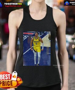 Alt Text: Official Tyrese Haliburton Indiana Pacers Game Frames Tank Top featuring vibrant team colors and logo.