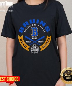 Official UCLA Bruins College World Series 2025 baseball ladies tee featuring team logo and vibrant design.