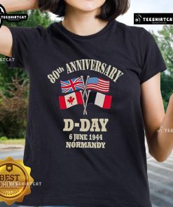 Alt Text: 80th Anniversary D-Day tees featuring UK, USA, Canada, and France flags, commemorating June 6, 1944, Normandy.