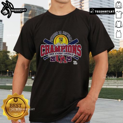 Alt Text: Union Academy Cardinals 2025 NCHSAA Women's 1A Softball State Champions T-Shirt design celebrating the victory.
