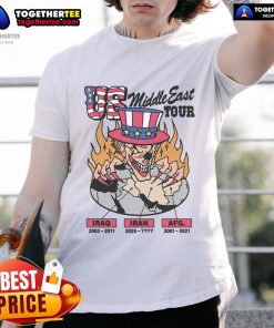Alt Text: Official US Middle East Tour T-Shirt featuring vibrant graphics and tour dates, perfect for fans and collectors.