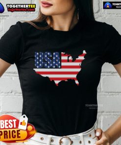 USA American flag map design on a patriotic ladies tee, perfect for celebrating national pride and style.