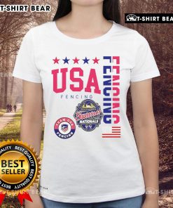 Official USA Fencing Summer Nationals 2025 logo on a ladies tee, Milwaukee, Wisconsin design.