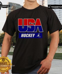 Official USA Hockey T-Shirt featuring team logo and colors, perfect for fans and players supporting American hockey.