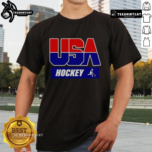 Official USA Hockey T-Shirt featuring team logo and colors, perfect for fans and players supporting American hockey.