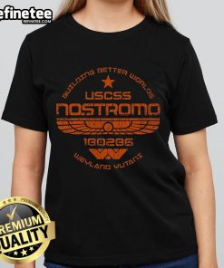 Official USCSS Nostromo Building Better Worlds Ladies Tee showcasing a stylish design for fans of the Alien franchise.