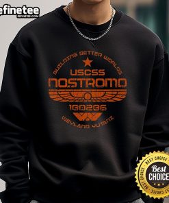 Cozy Official USCSS Nostromo sweatshirt featuring 'Building Better Worlds' design for sci-fi fans and collectors.